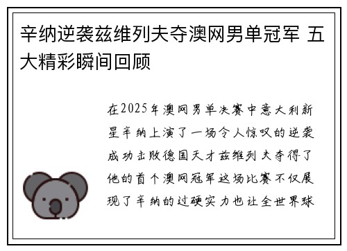 辛纳逆袭兹维列夫夺澳网男单冠军 五大精彩瞬间回顾