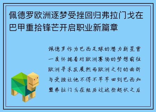 佩德罗欧洲逐梦受挫回归弗拉门戈在巴甲重拾锋芒开启职业新篇章